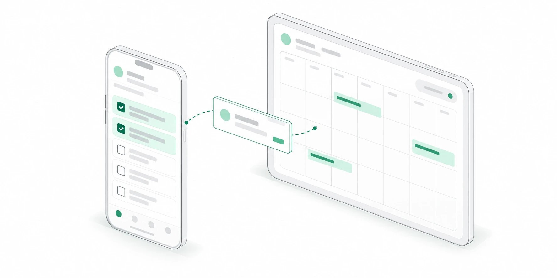 An isometric phone and tablet displaying tasks and a calendar, connected by a small project card.