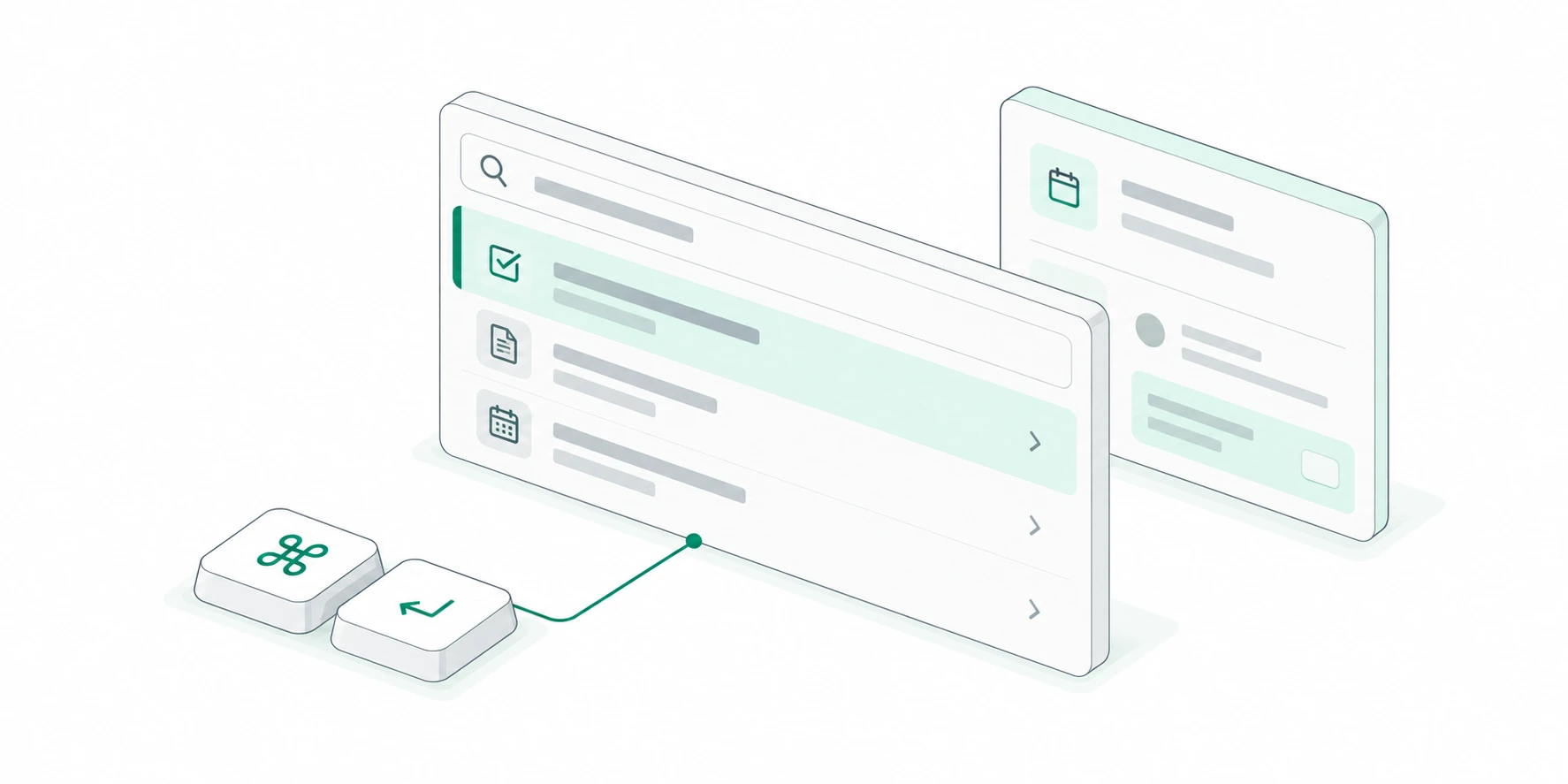 An isometric command palette with a highlighted result, two shortcut keys, and a task card.