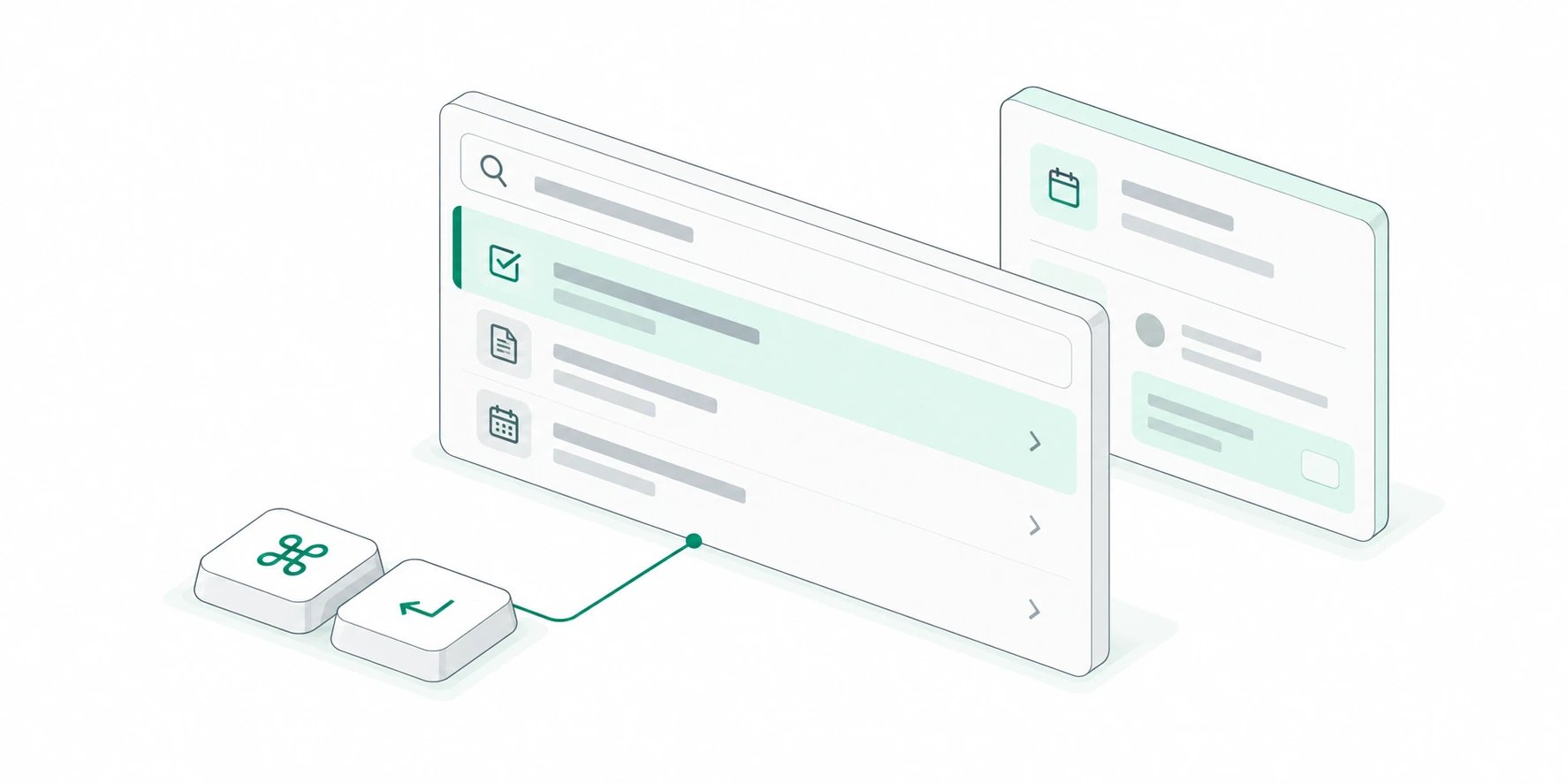 An isometric command palette with a highlighted result, two shortcut keys, and a task card.