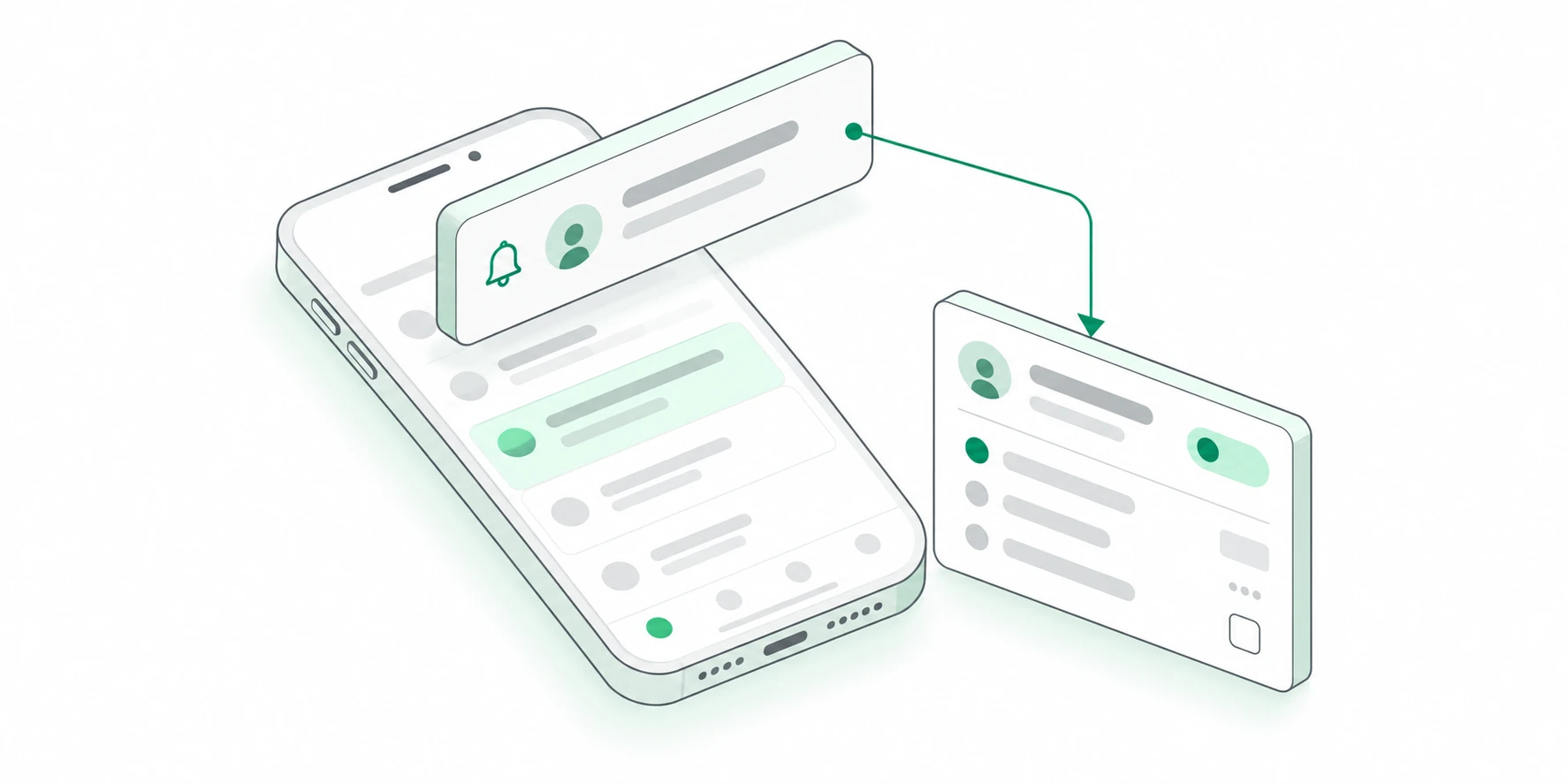 An isometric phone with one raised notification banner connected to the relevant task.