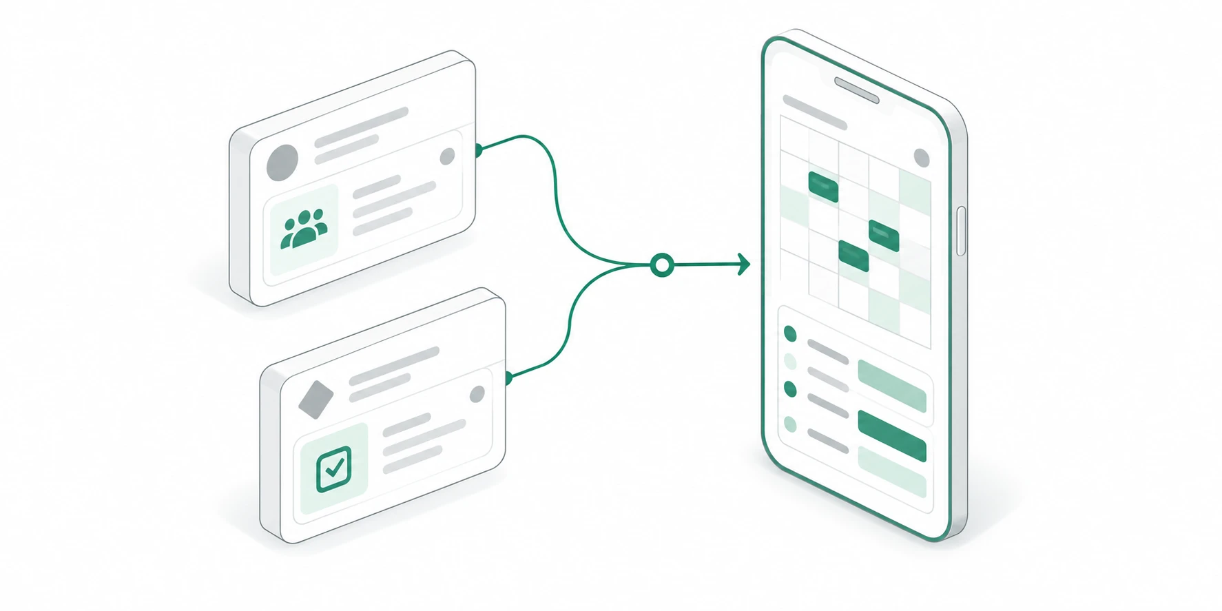 Two isometric workspace cards feeding meetings and tasks into one phone calendar.