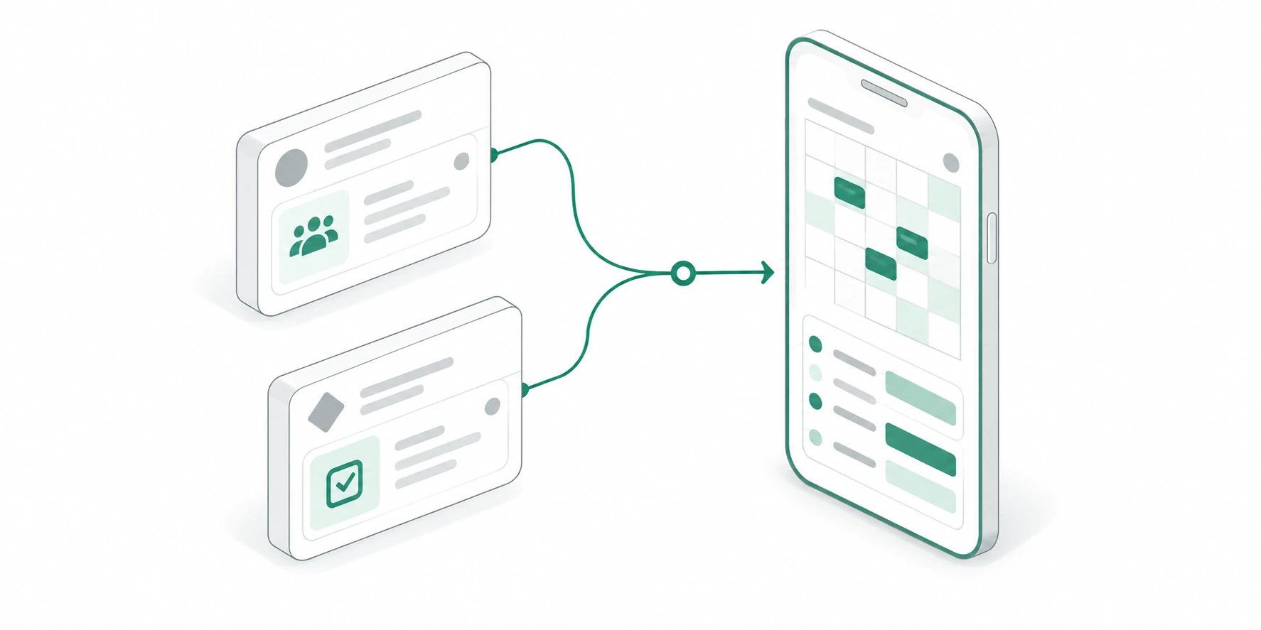 Two isometric workspace cards feeding meetings and tasks into one phone calendar.