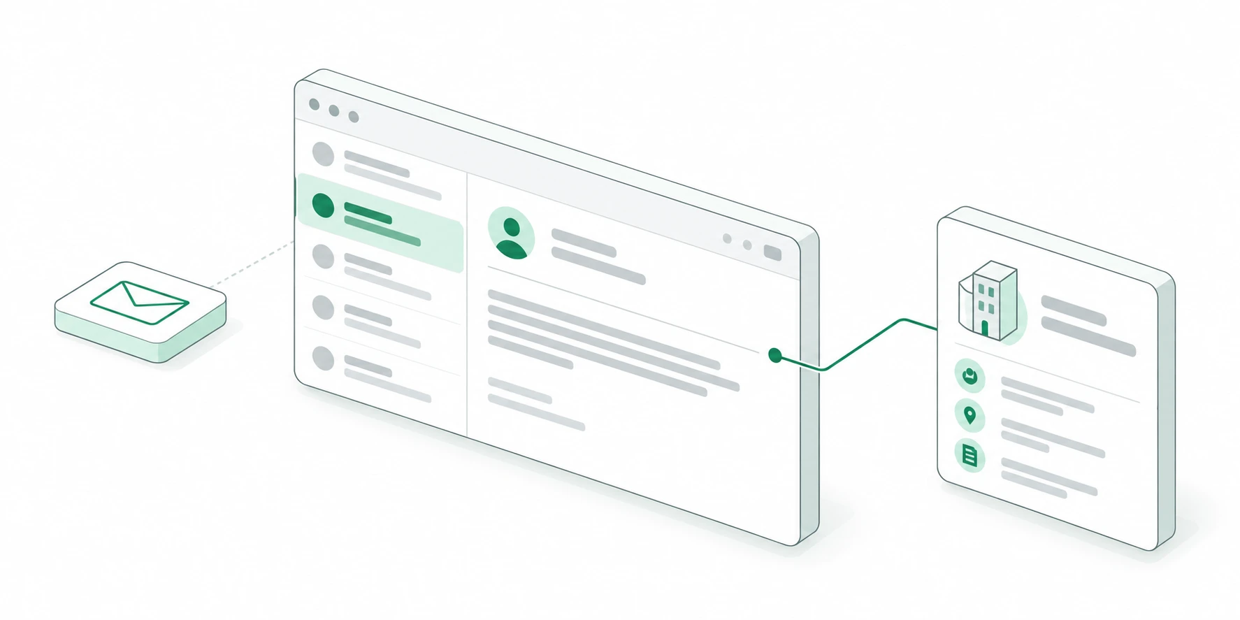 An isometric client inbox connected to a company record, with one email highlighted in mint.
