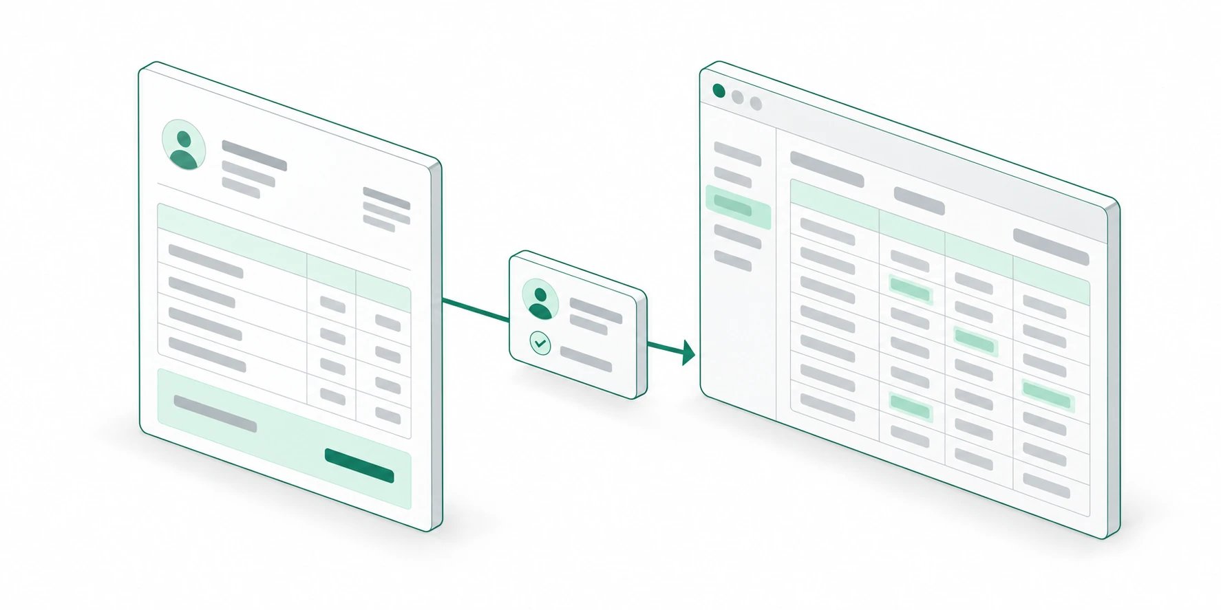An isometric invoice flowing through a customer-and-payment tile into an accounting ledger.