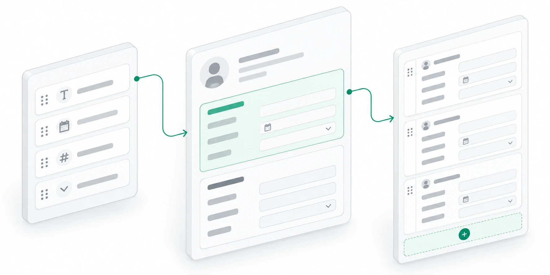Isometric panels showing draggable attributes, grouped record details, and repeatable entries connected by mint lines.