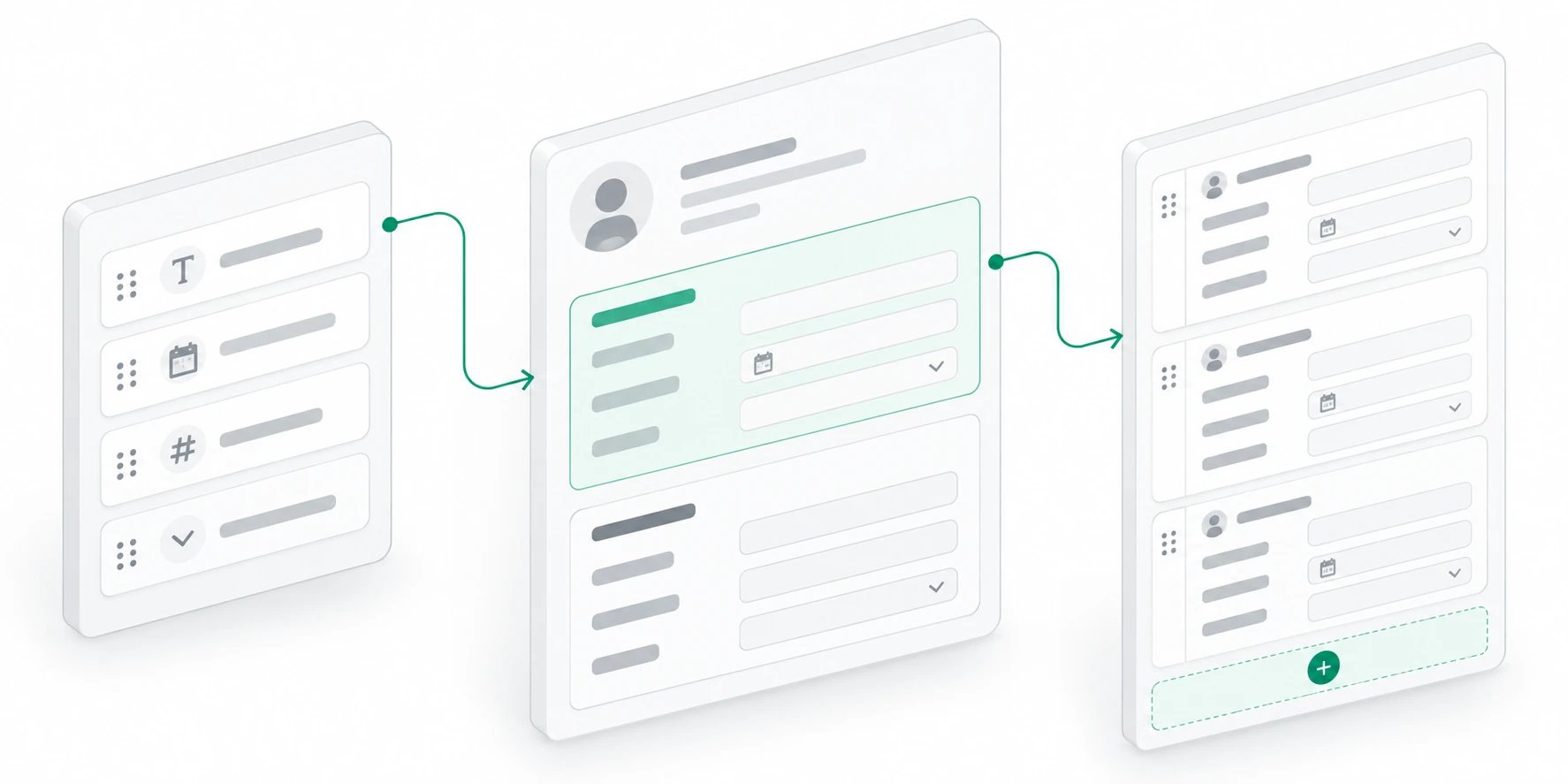 Isometric panels showing draggable attributes, grouped record details, and repeatable entries connected by mint lines.