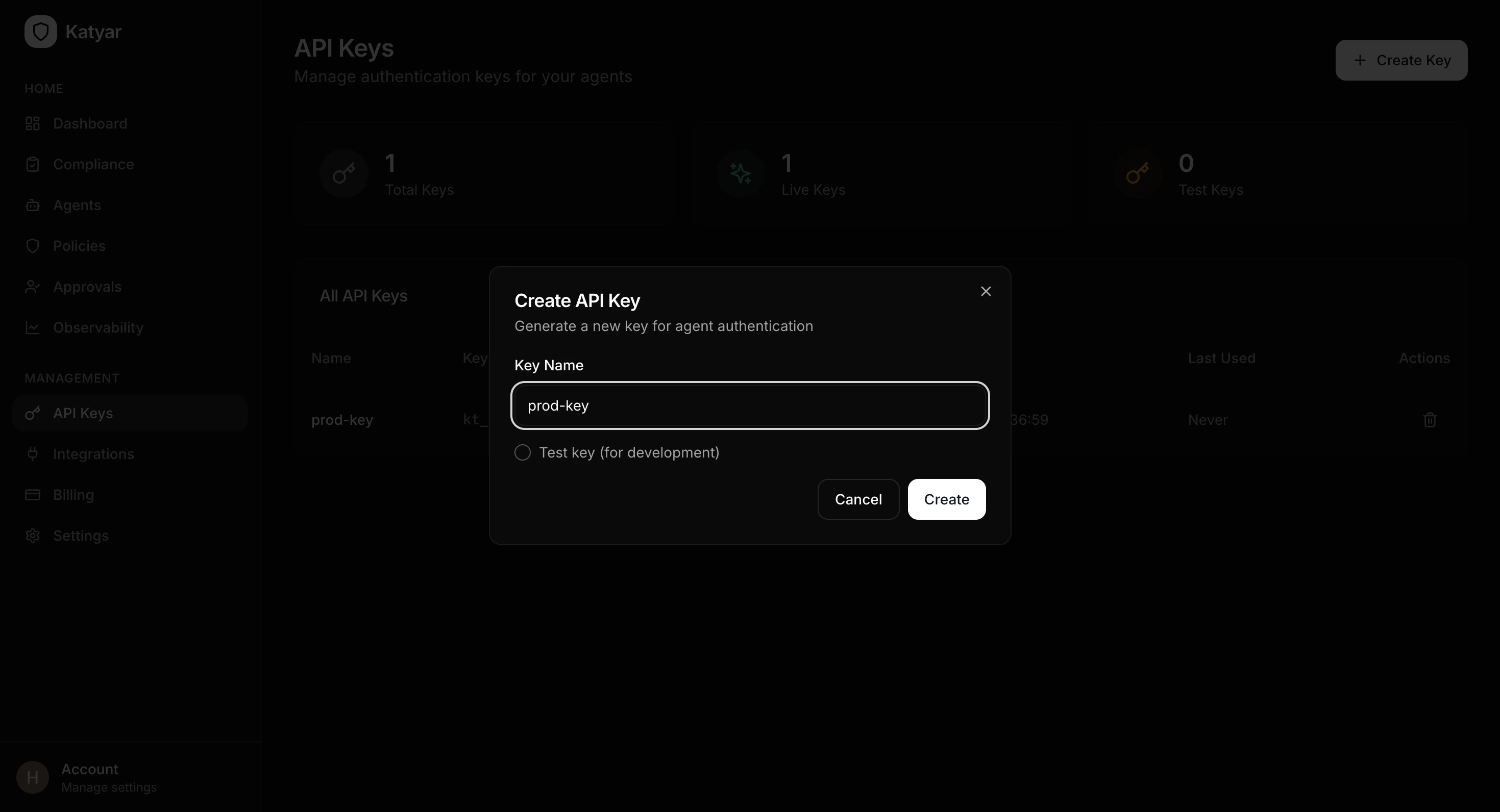 Creating an API key in the Katyar dashboard