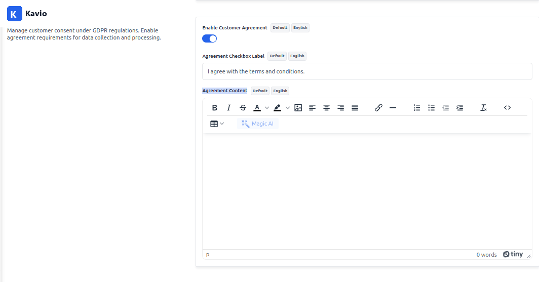 GDPR Agreement Settings