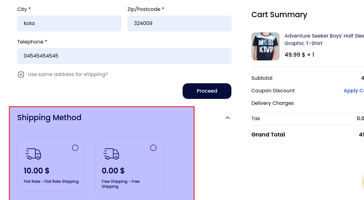 Shipping Methods Frontend View