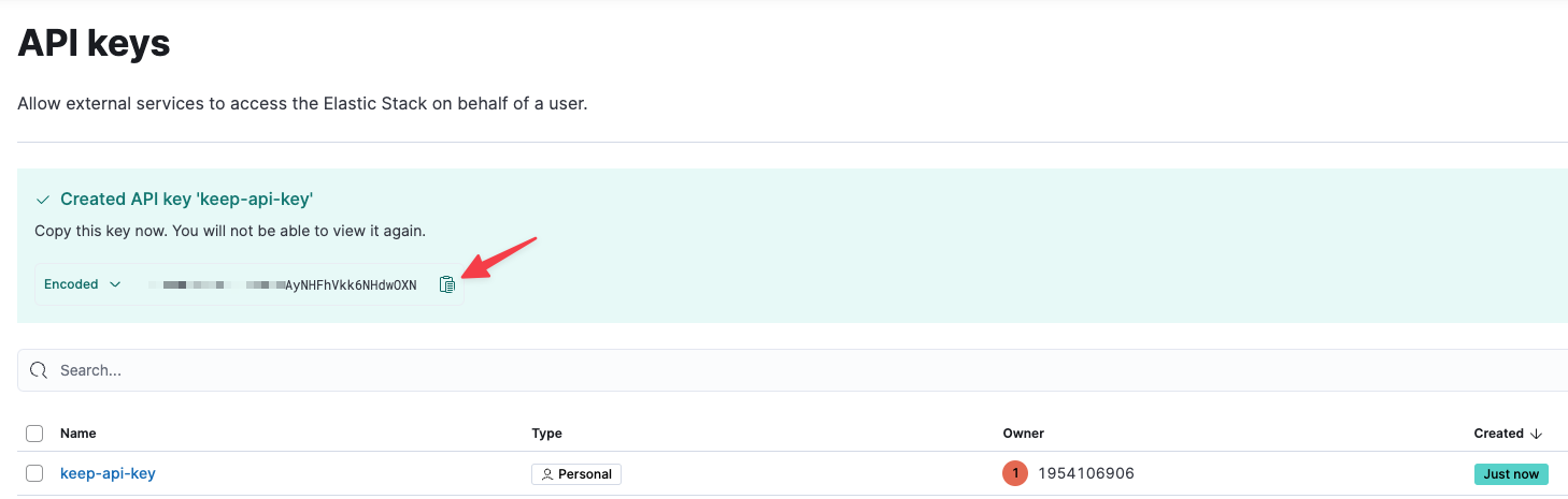 Copy Kibana API Key
