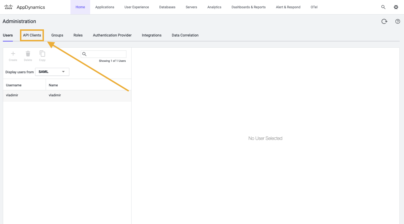 AppDynamics API Client tab