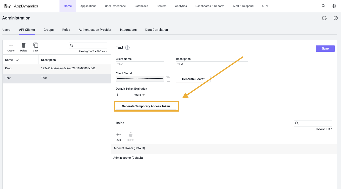 AppDynamics Generate API Client Temporary Access Token