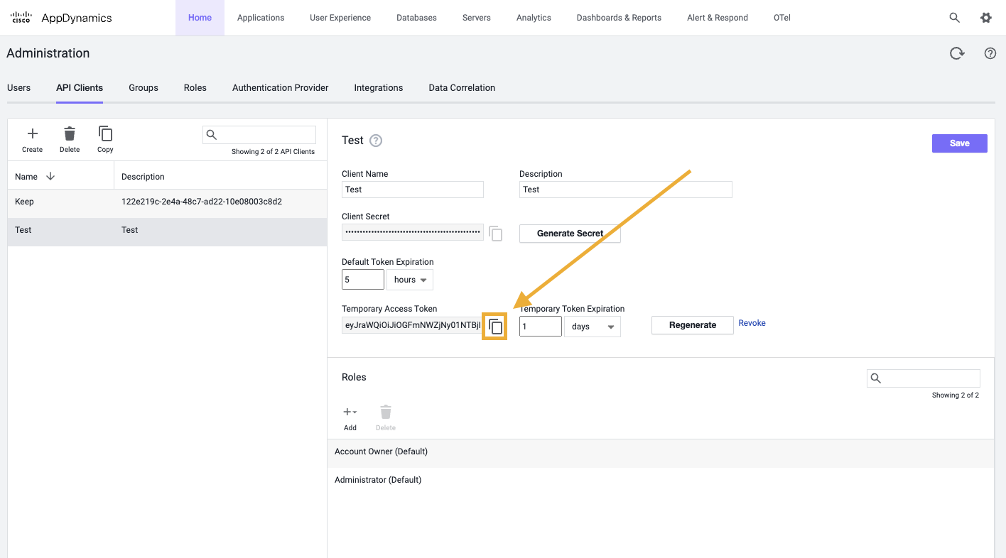AppDynamics copy API Client Temporary Access Token