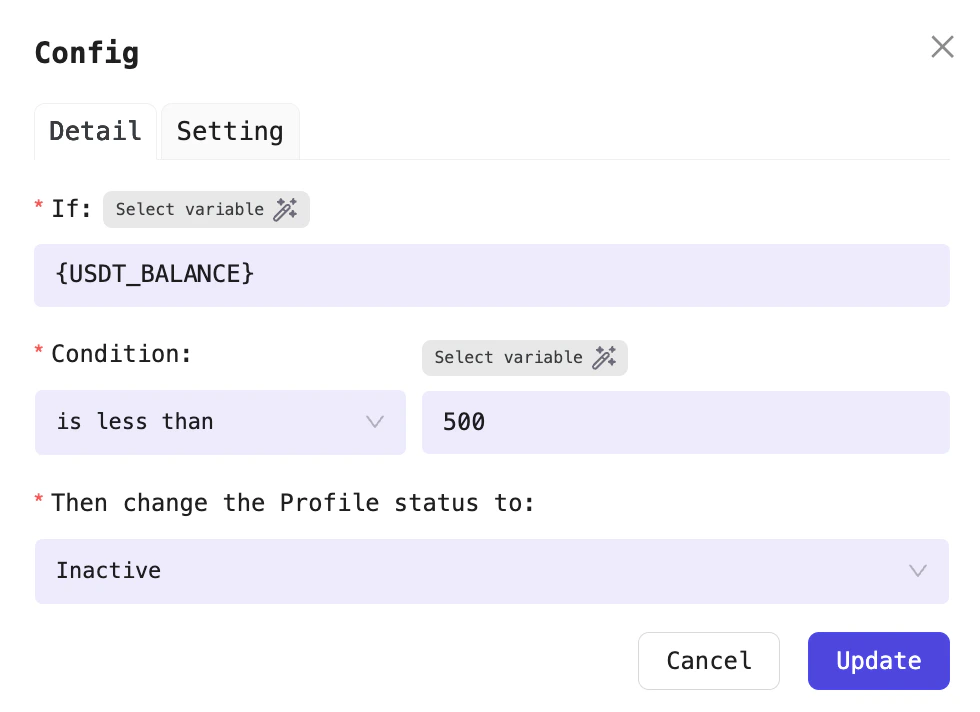 Mark Profiles with balance < 500 as Inactive