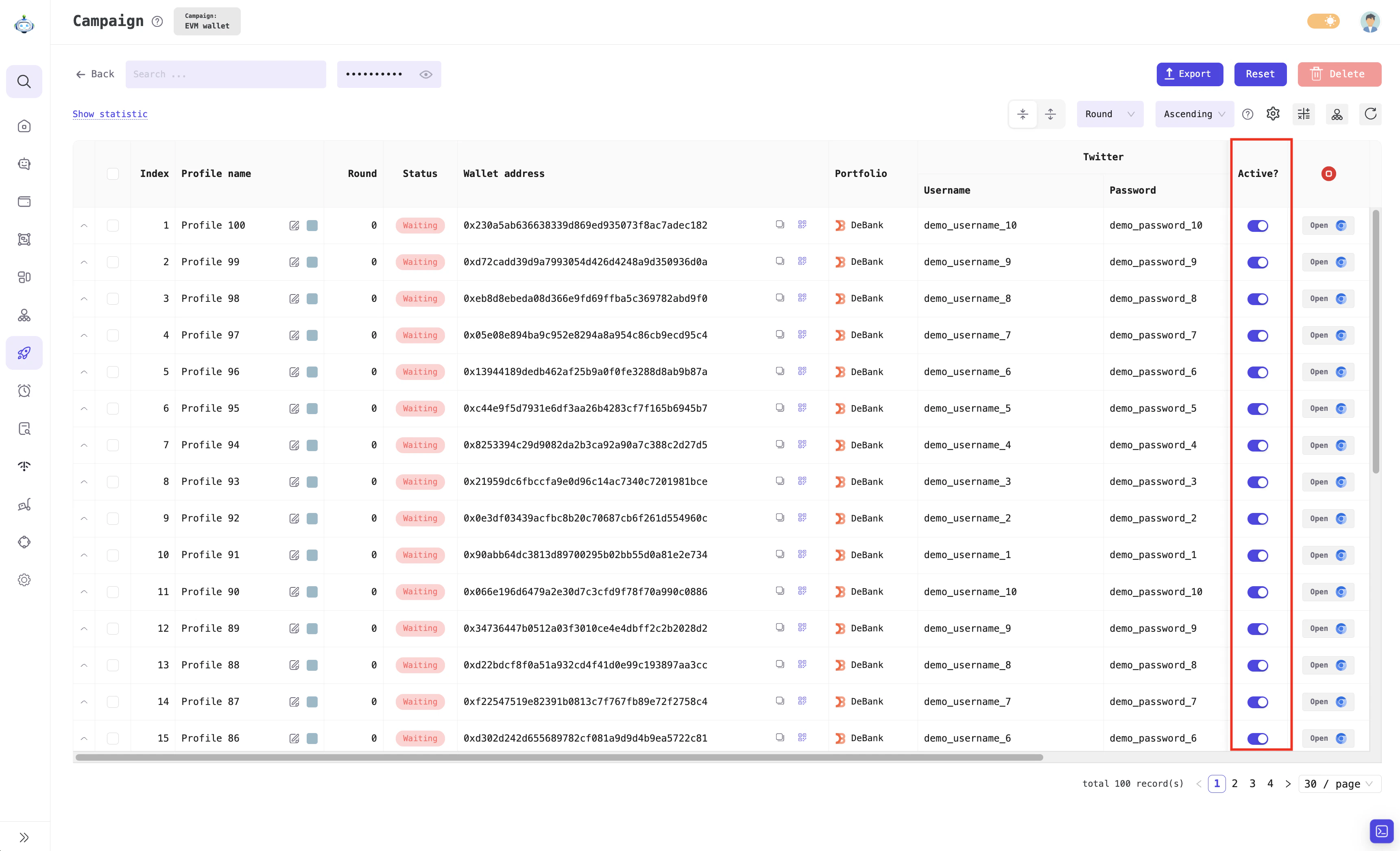 Profile status column: Active or Inactive