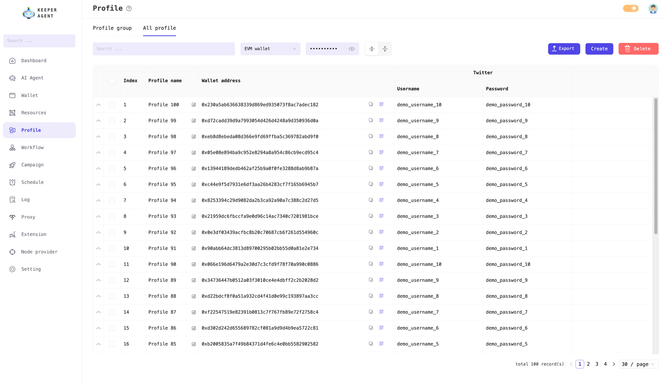 Example profiles including Wallet, Twitter