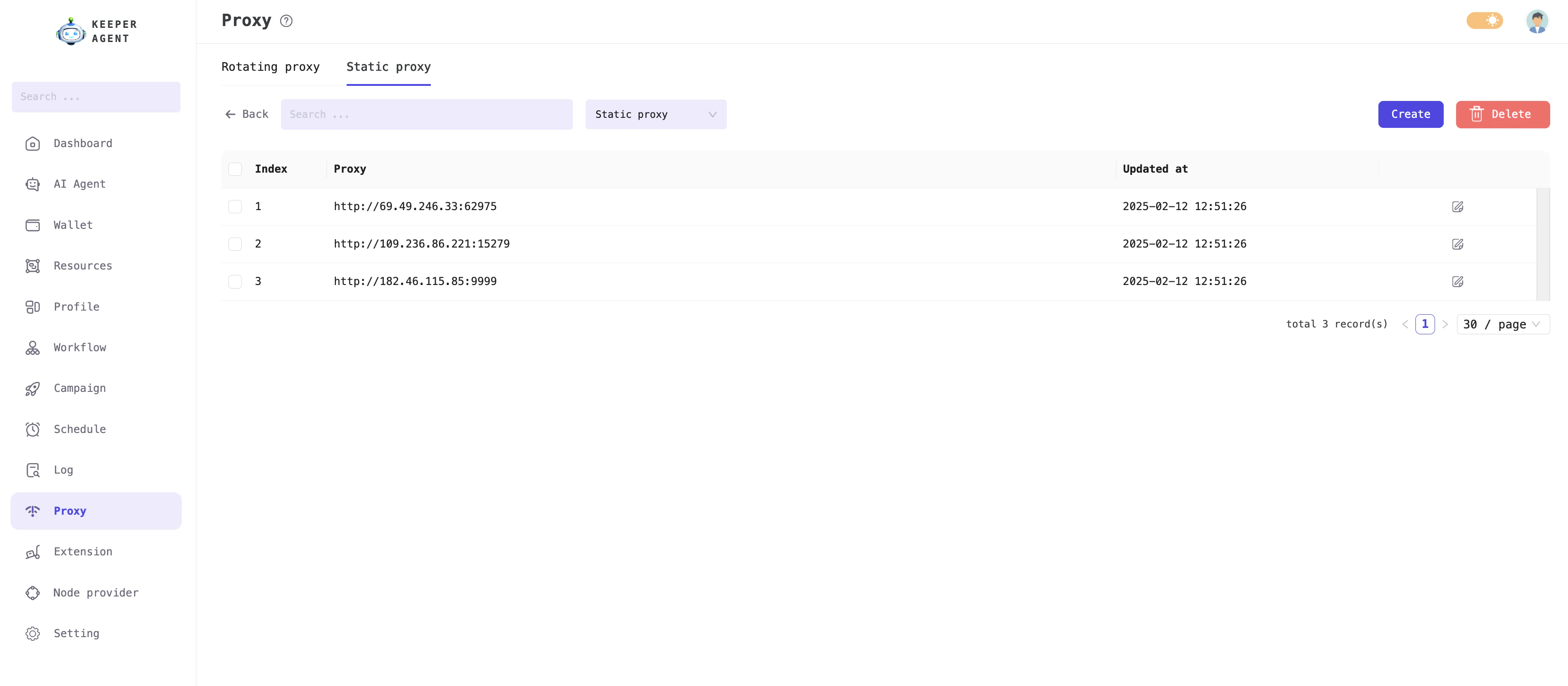 Static proxy management