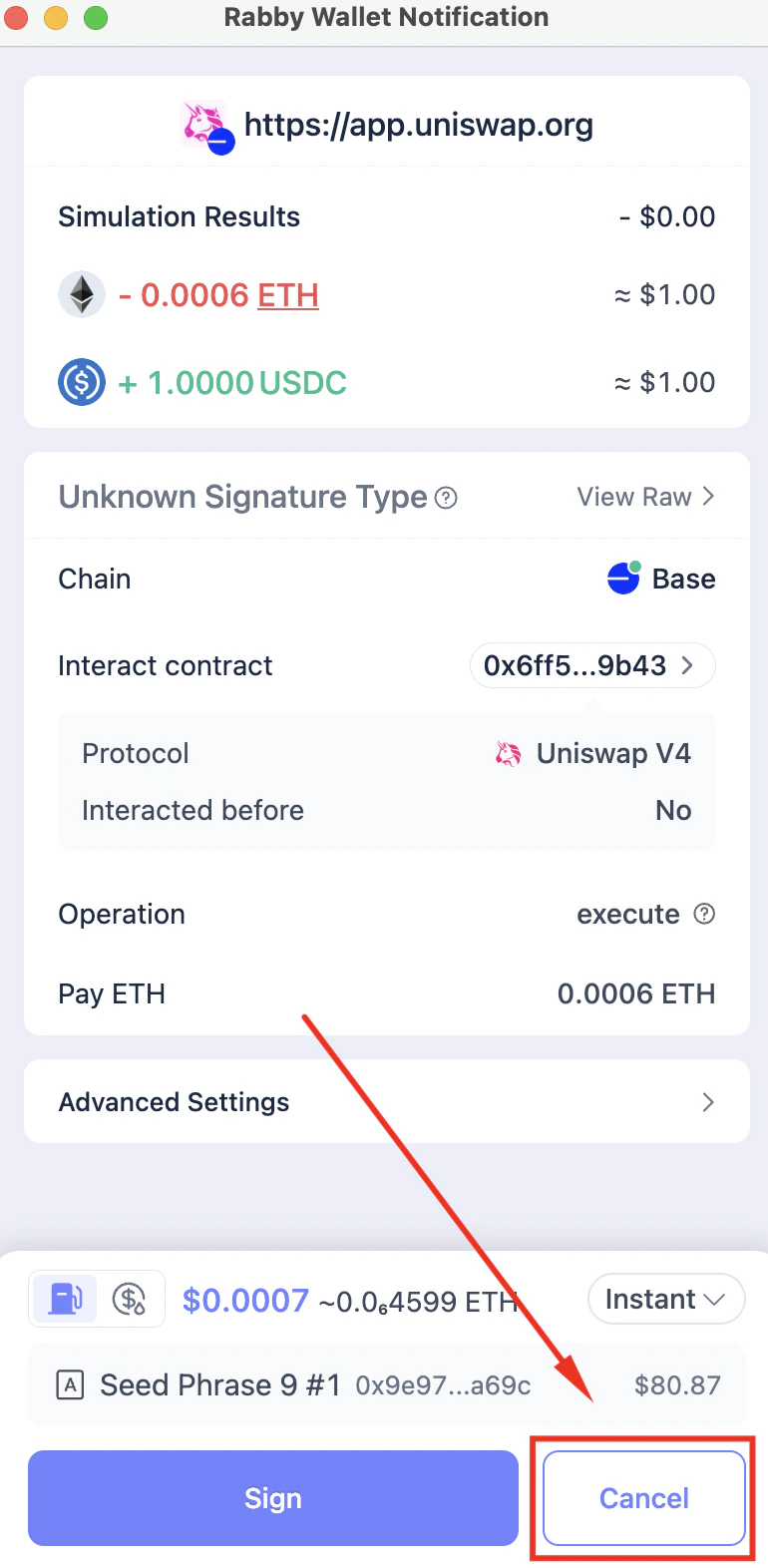Example clicking Cancel button in Rabby