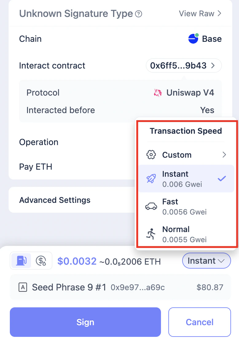 Gas price options in Rabby