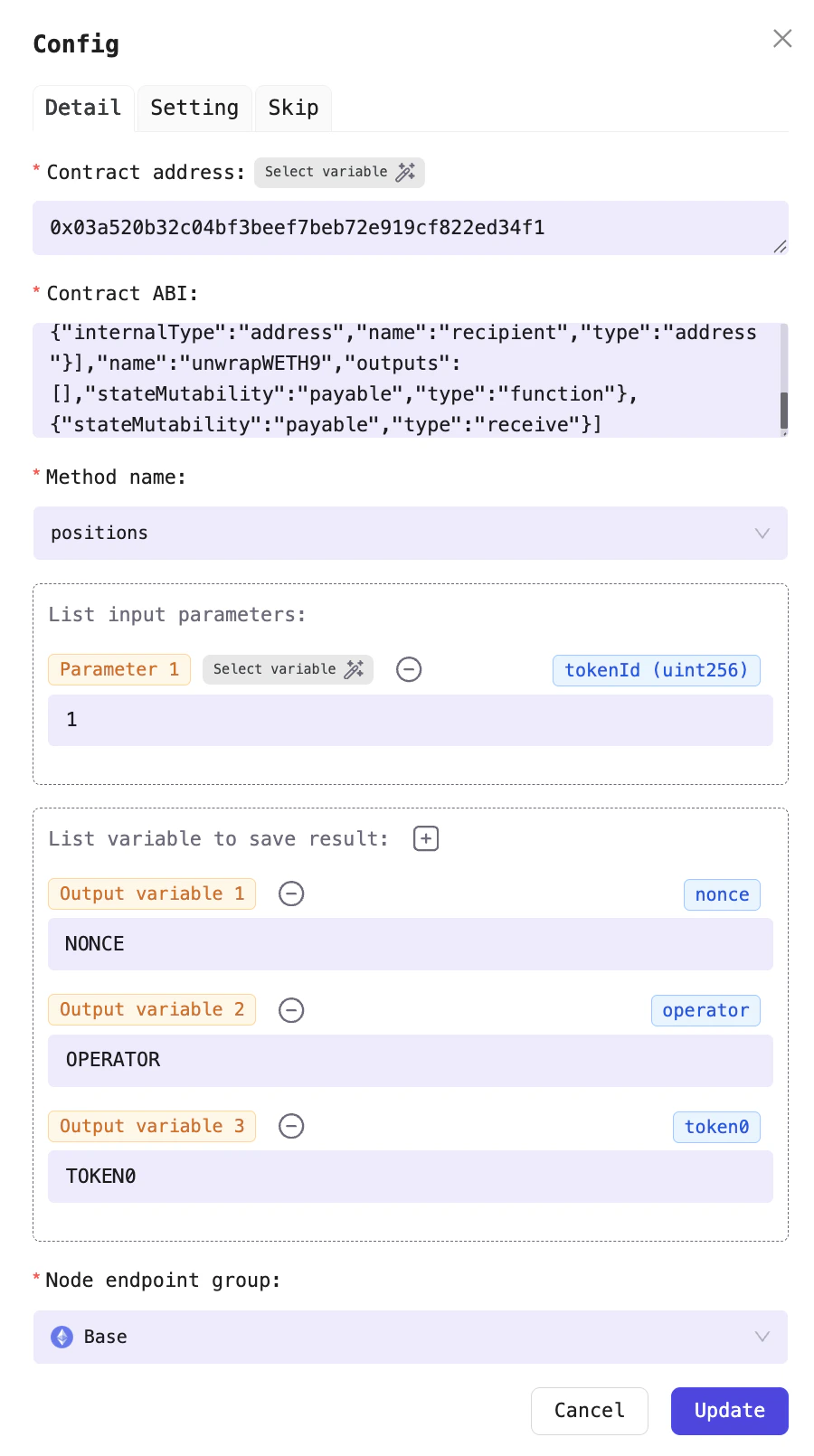 Example configuration for a Read Contract processor