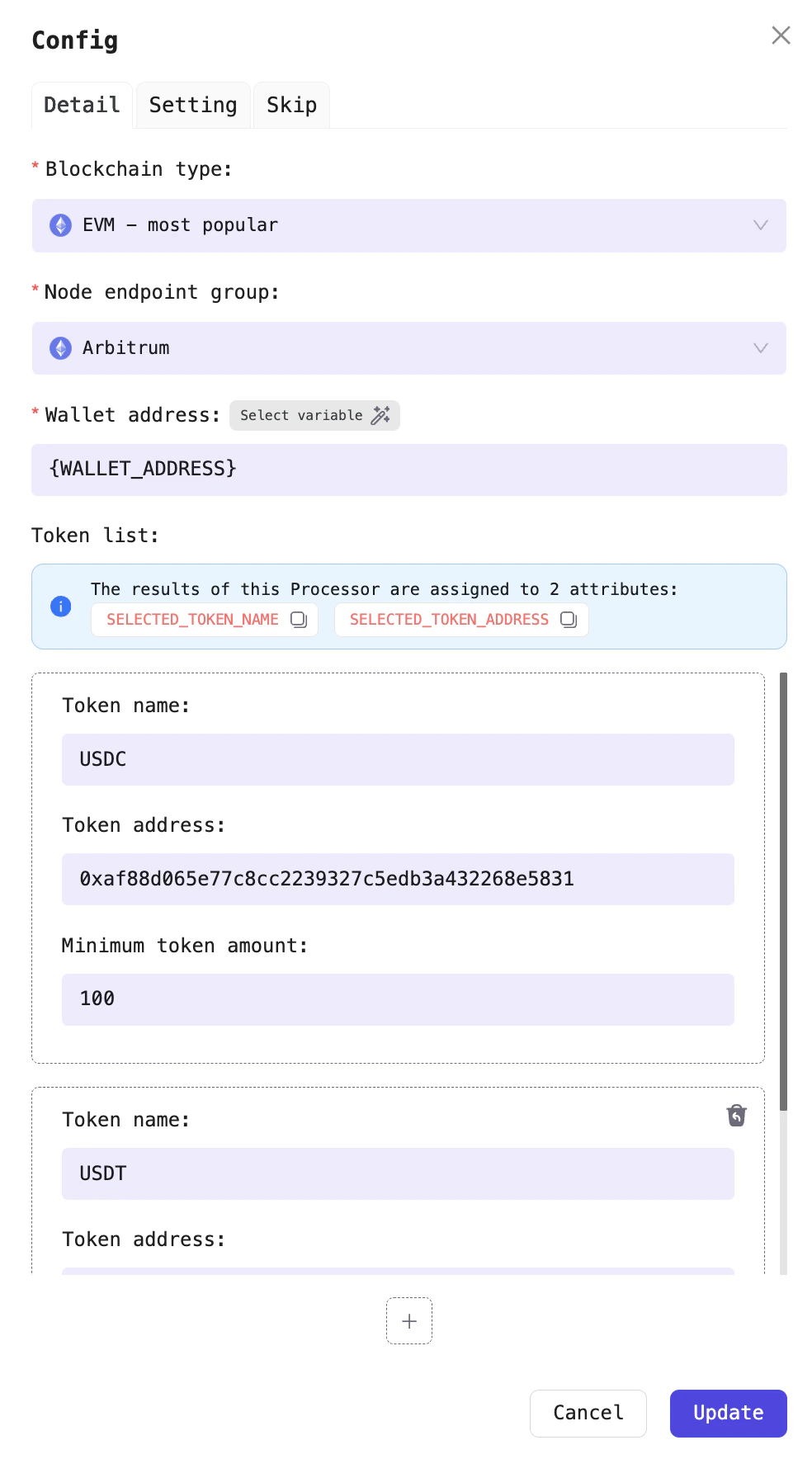 For example, pick whichever token USDC or USDT meets the balance requirement