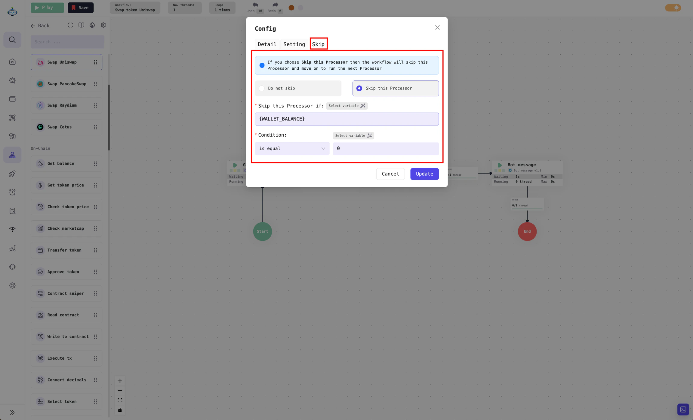 Example of the Skip section for the Uniswap Swap Processor