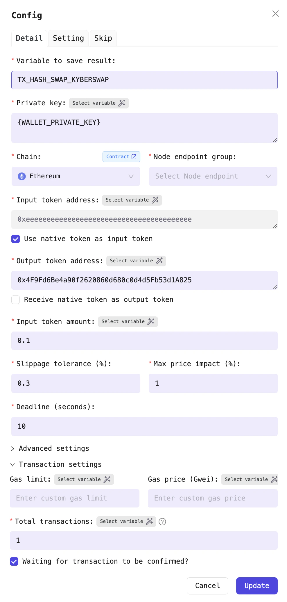 Swap Kyberswap configuration