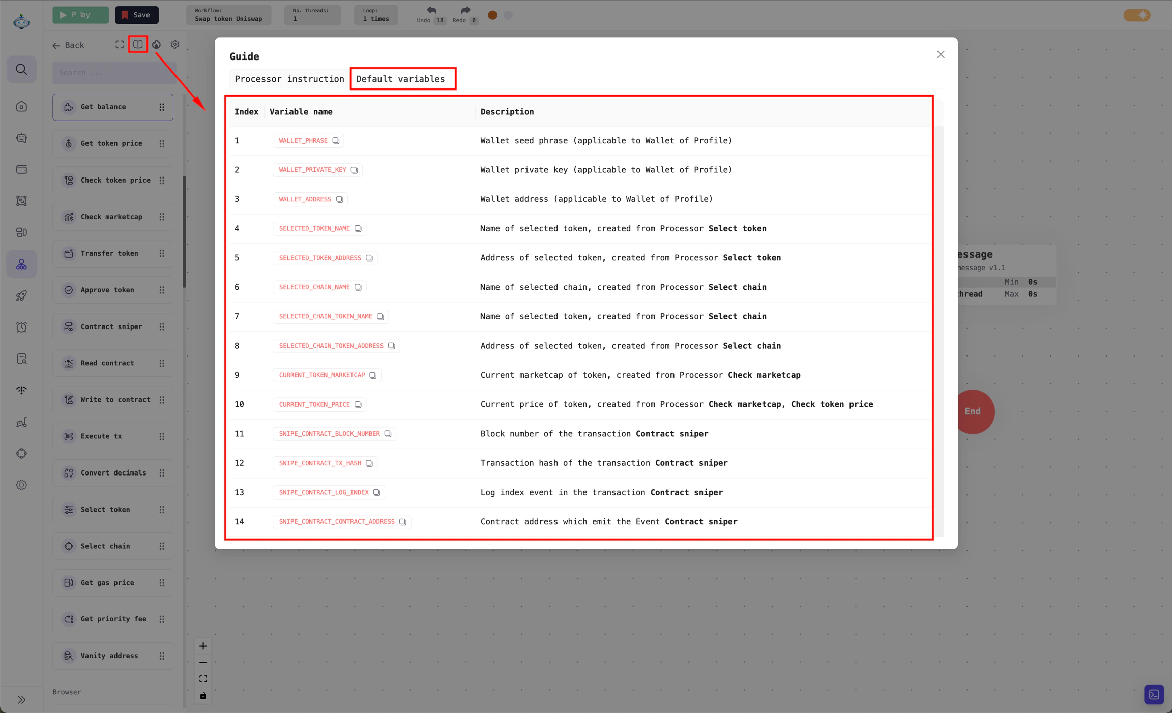 View the list of default variables