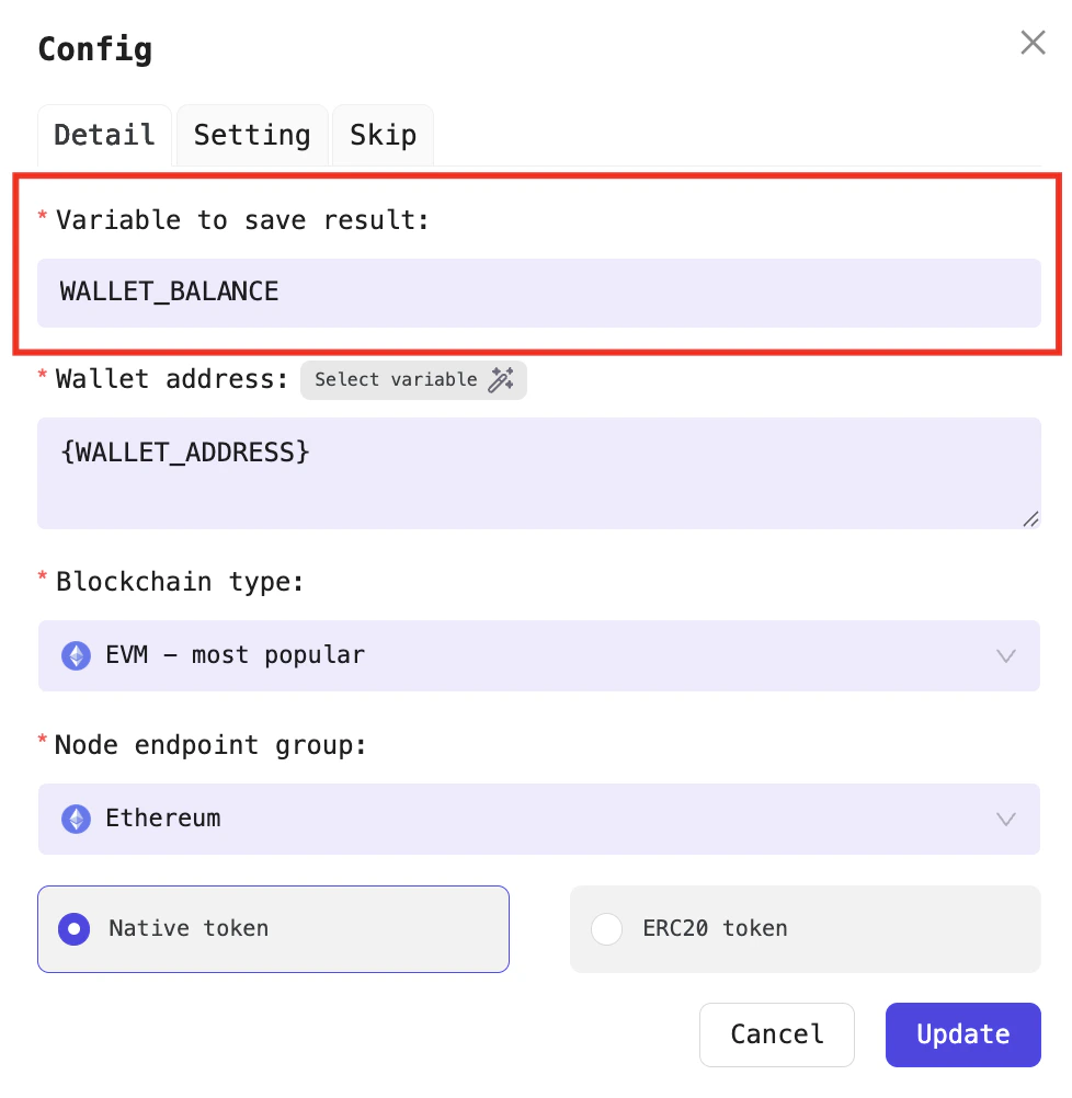 Example of storing the result from the Balance retrieval Processor