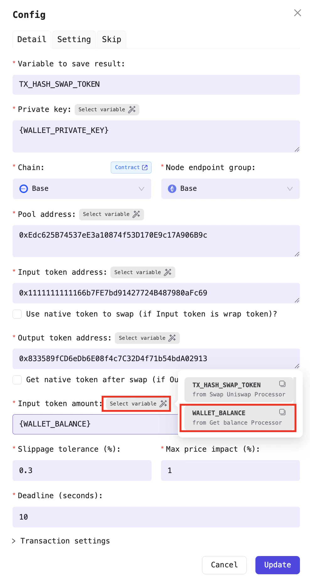 Select the variable for the Uniswap swap Processor