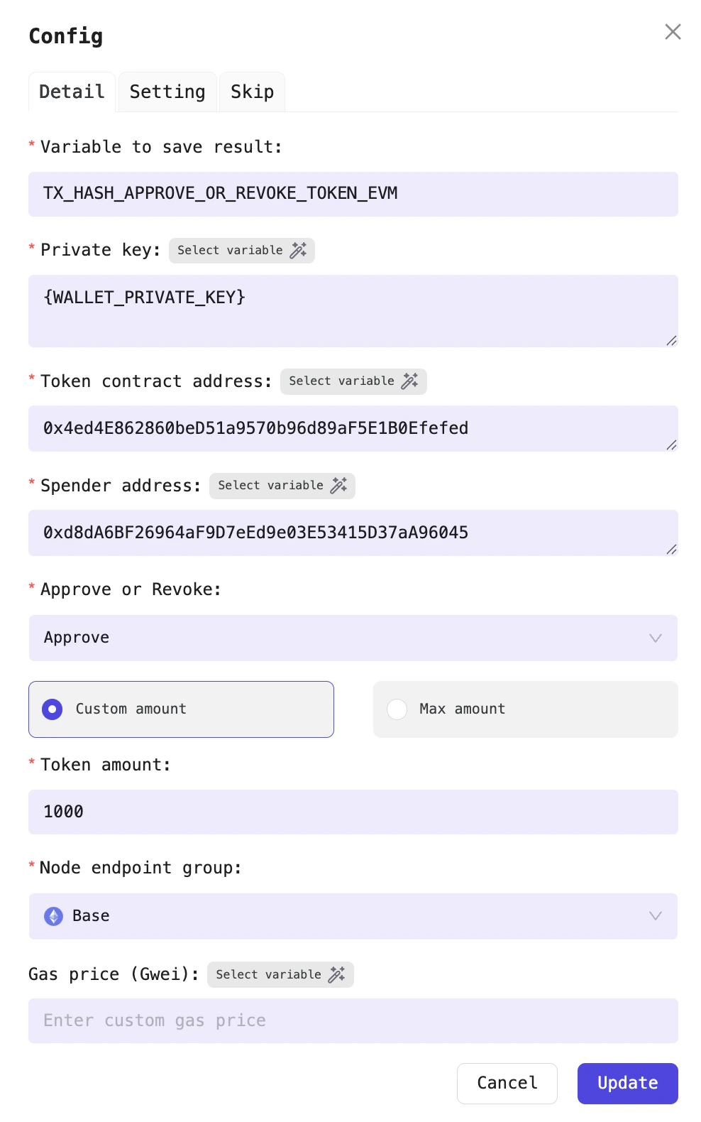 For example, approving 1000 DEGEN tokens for Vitalik