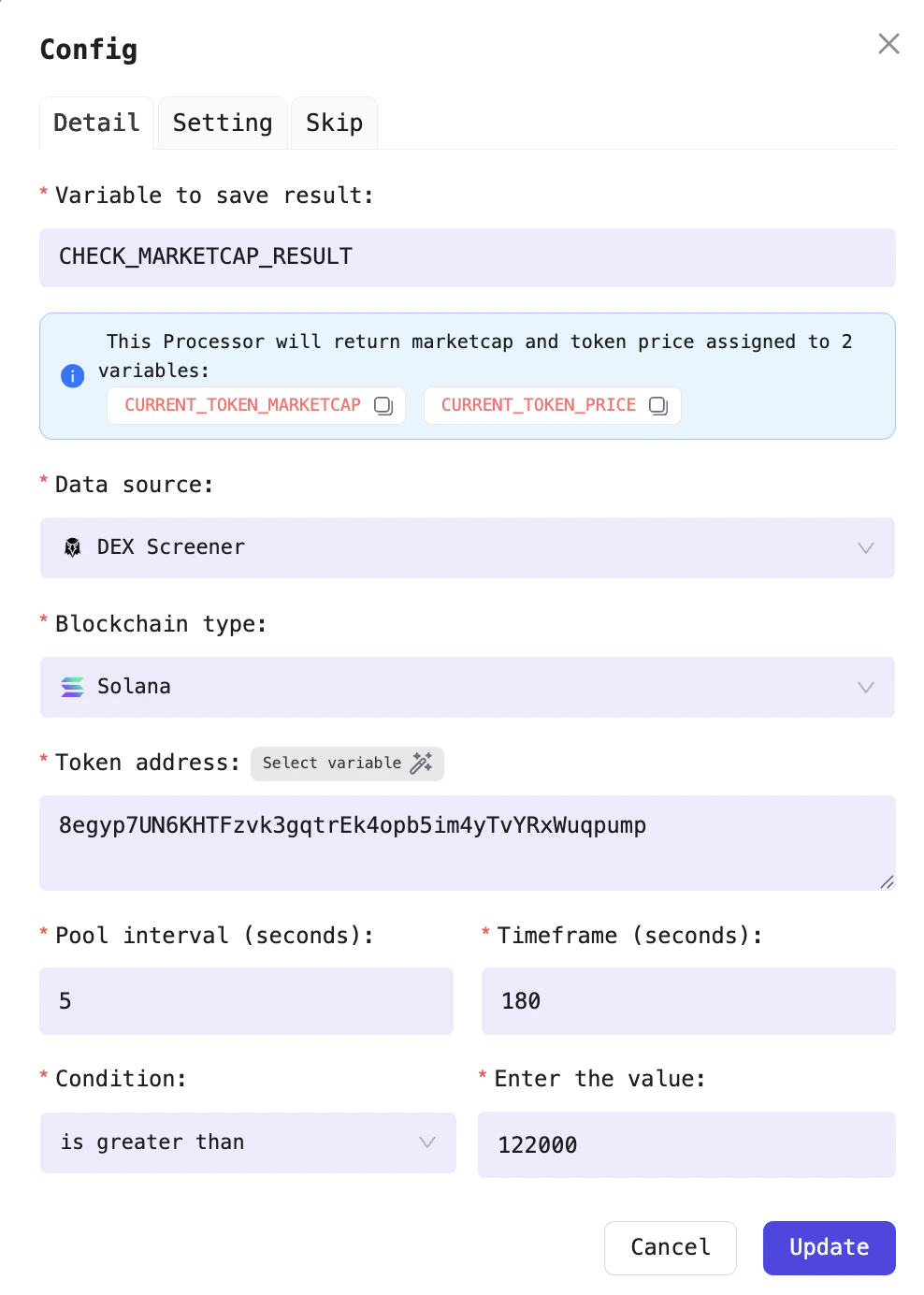 Configure the Check market cap Processor