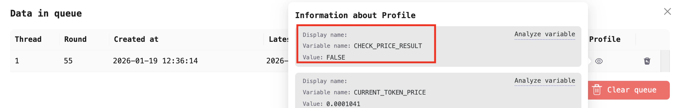 The processor's result will be stored in a variable, with a value of either TRUE or FALSE