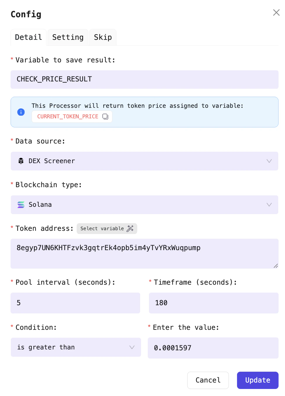 Configure the Check token price Processor