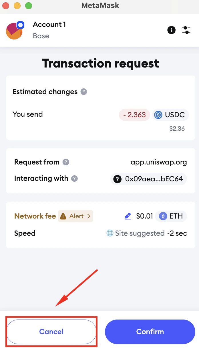 Cancel on Metamask wallet