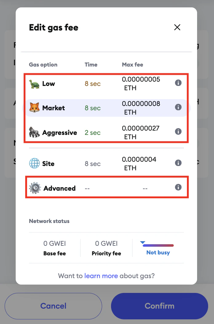 Gas fee modes in Metamask