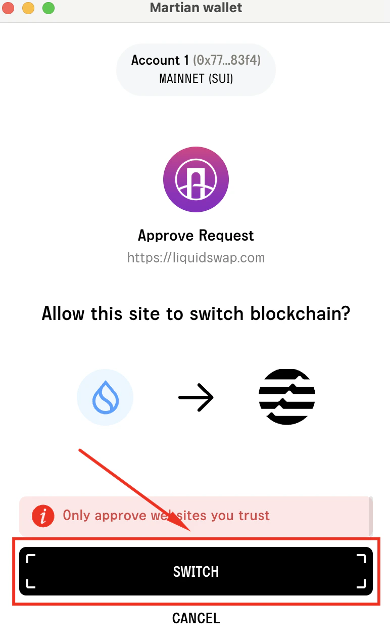 Click Switch on Martian wallet