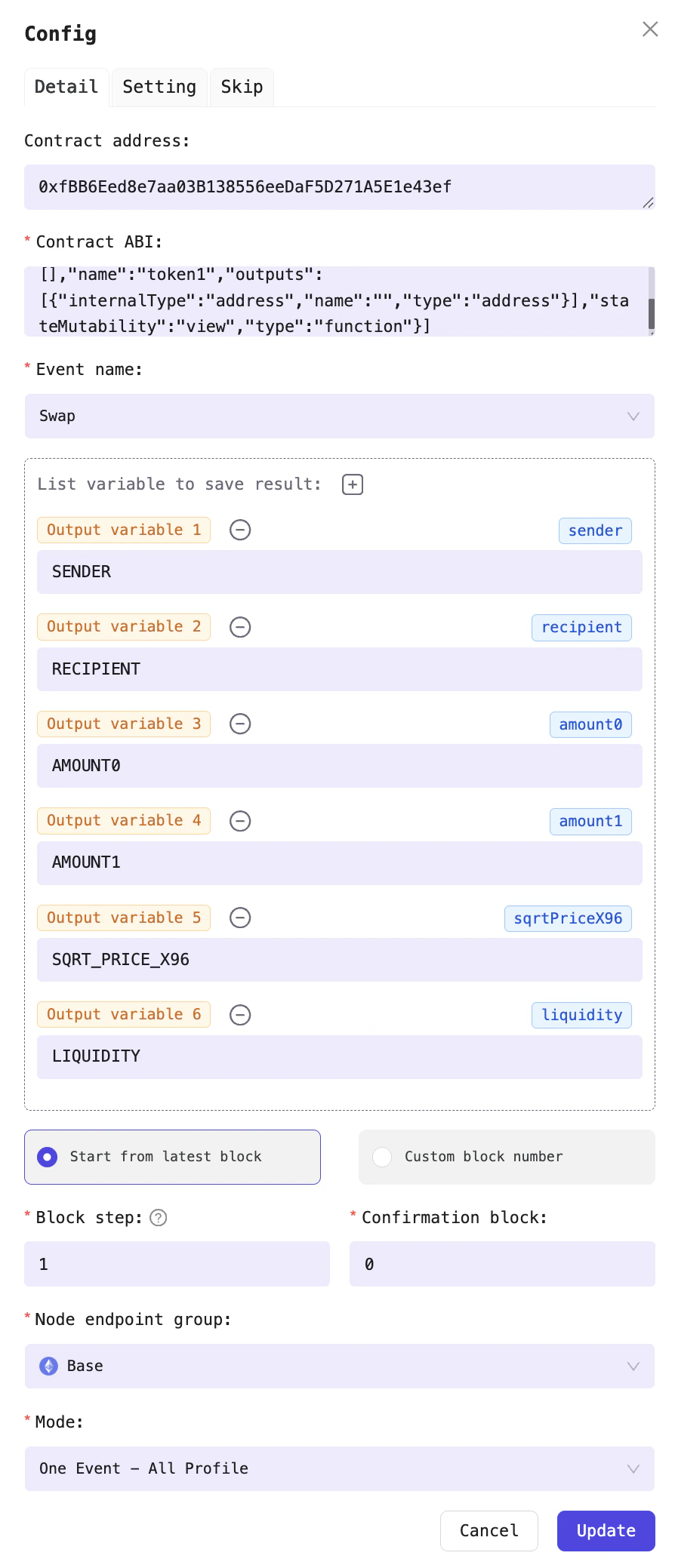 For example, listen for Swap events from the Uniswap V3 ZORA/USDC pool.