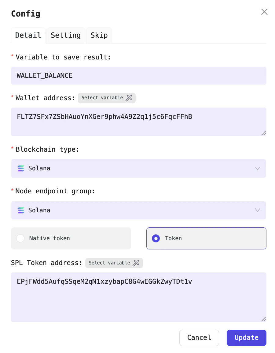For example, retrieving the USDC balance in your wallet