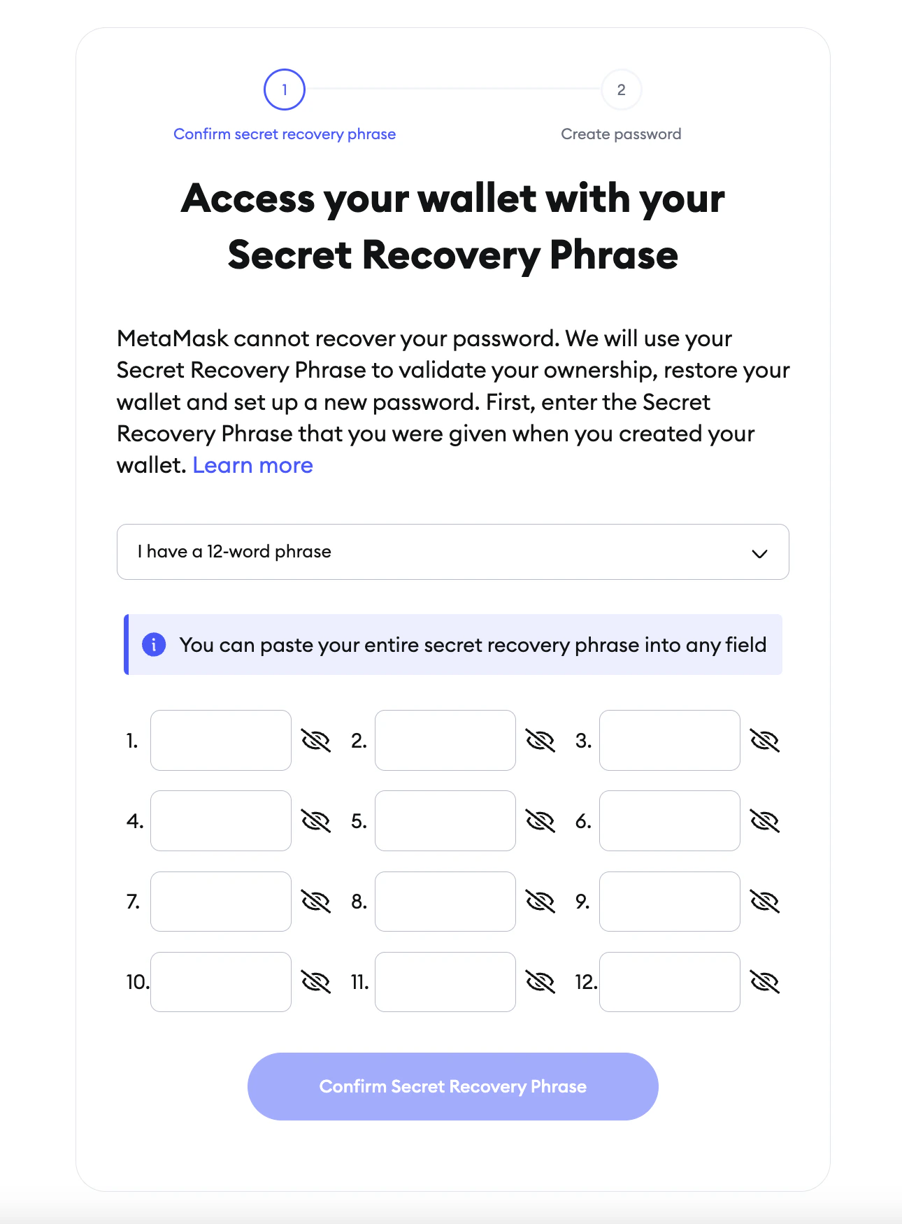 Import wallet on Metamask