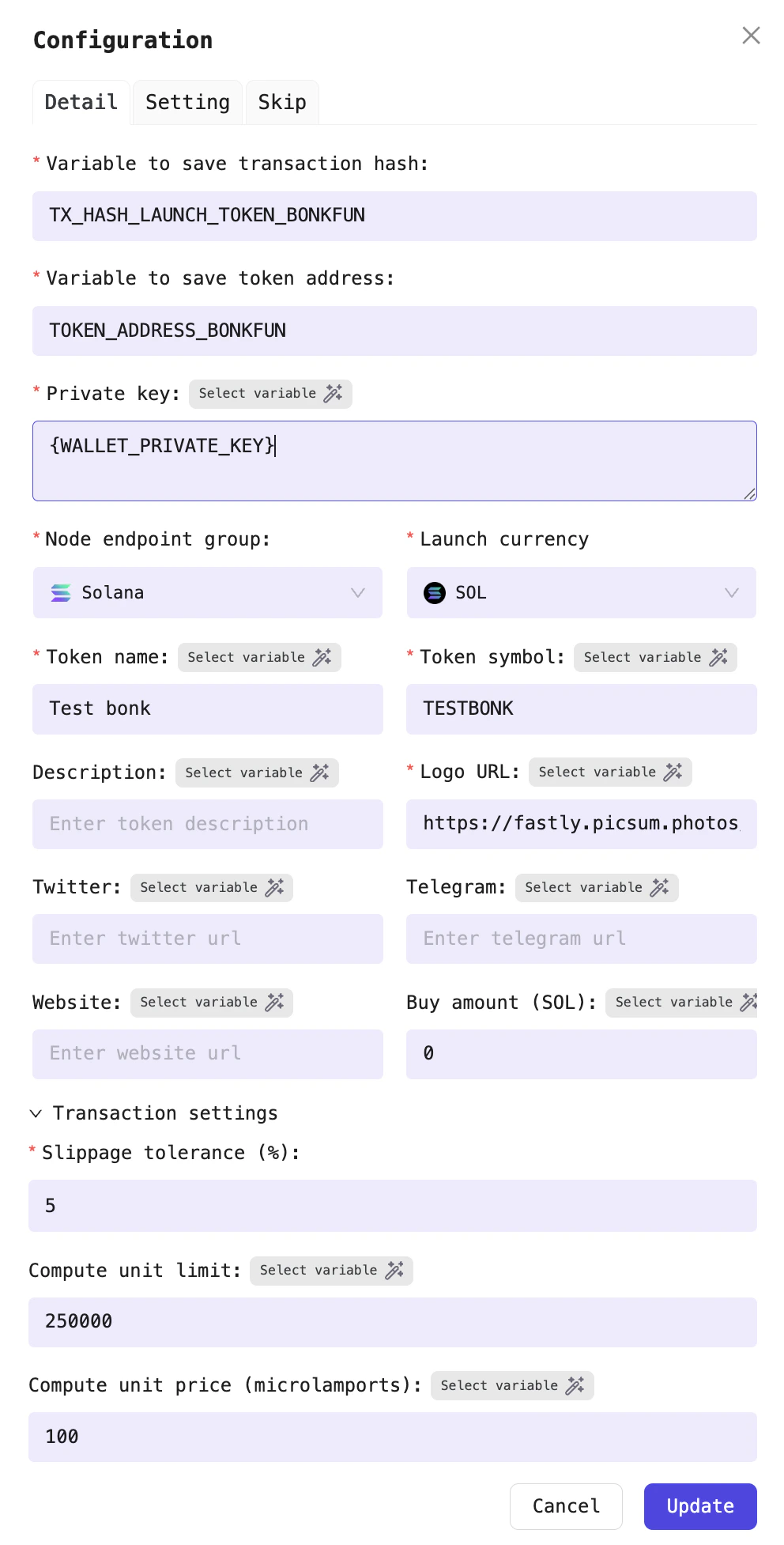 Example: Launch token with name, symbol, and image
