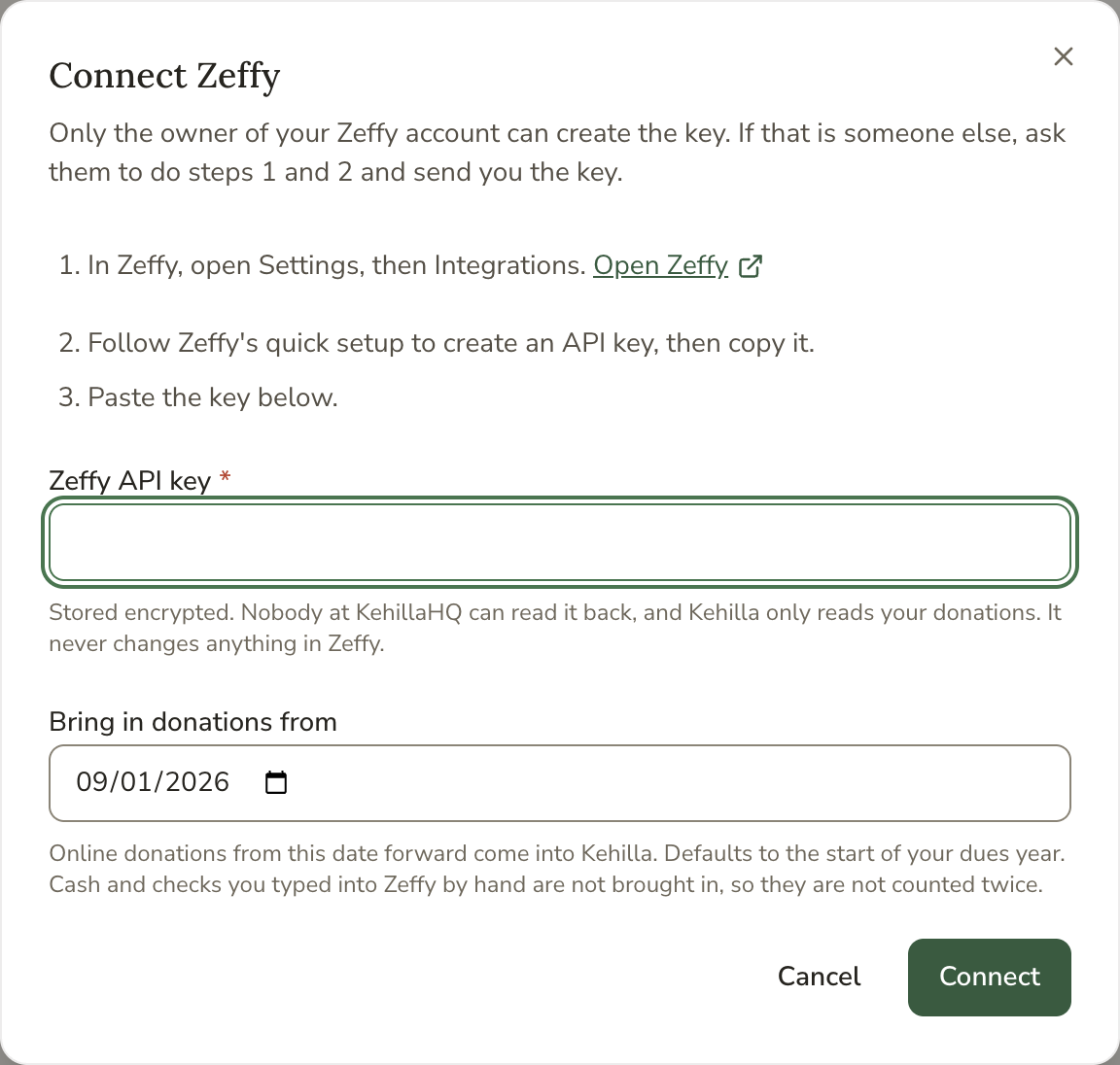 The Connect Zeffy window, with three short steps, the Zeffy API key field, and the Bring in donations from date
