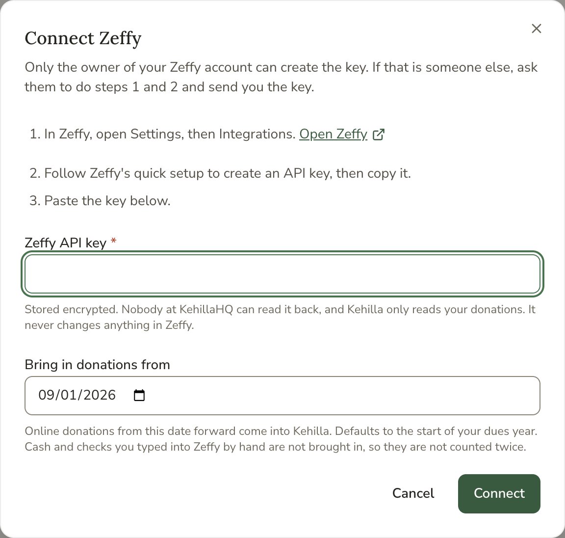 The Connect Zeffy window, with three short steps, the Zeffy API key field, and the Bring in donations from date