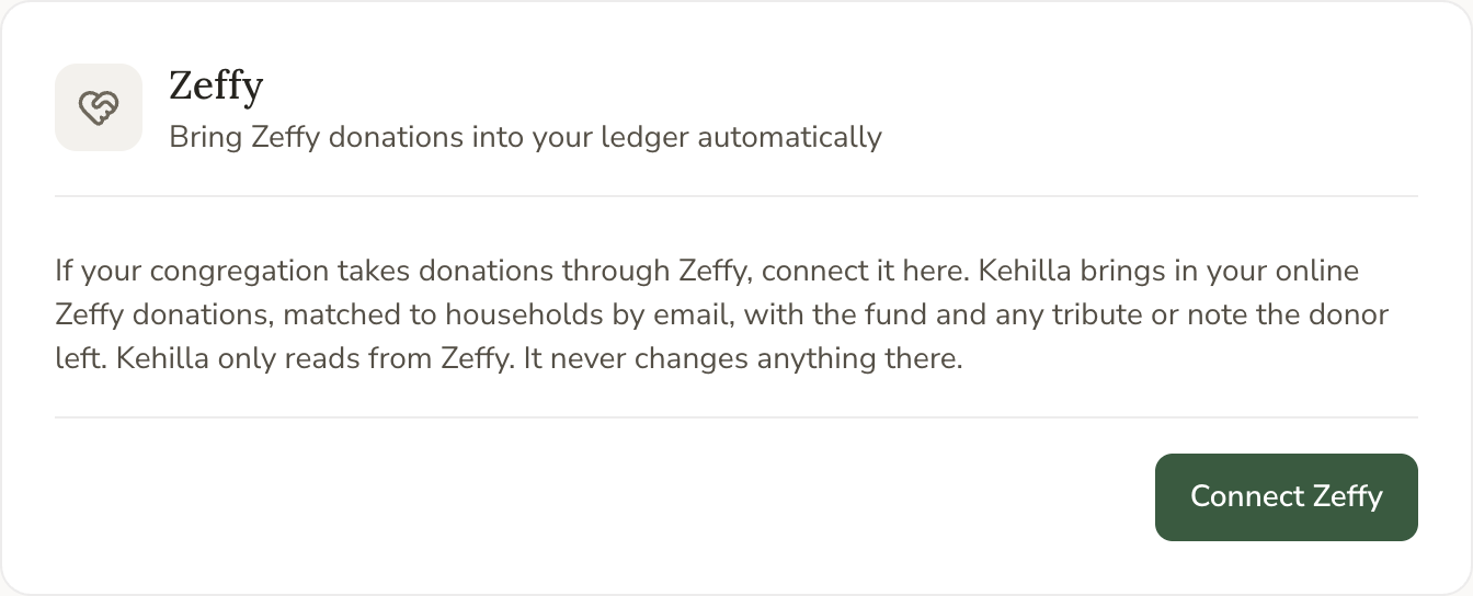 The Zeffy card on the Payments and data sources page, with a Connect Zeffy button