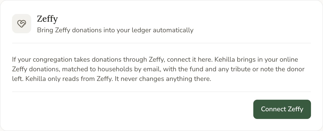 The Zeffy card on the Payments and data sources page, with a Connect Zeffy button