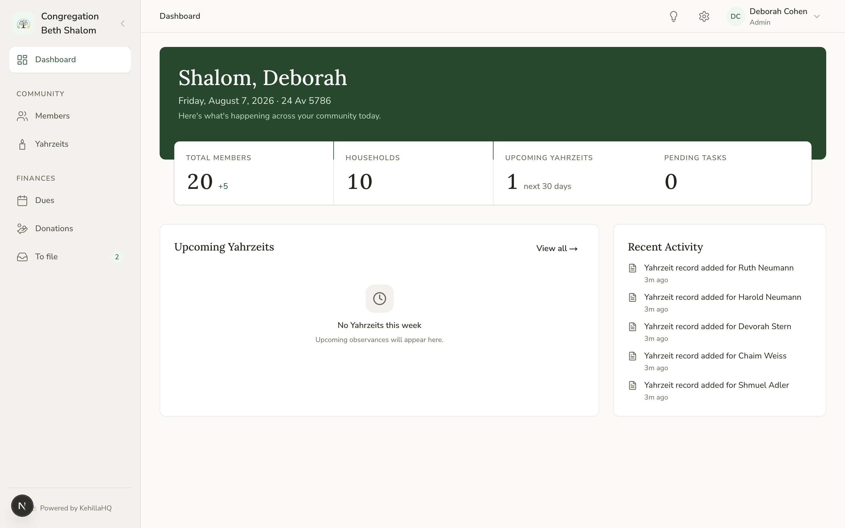 The KehillaHQ dashboard with the sidebar on the left and the top bar across the top