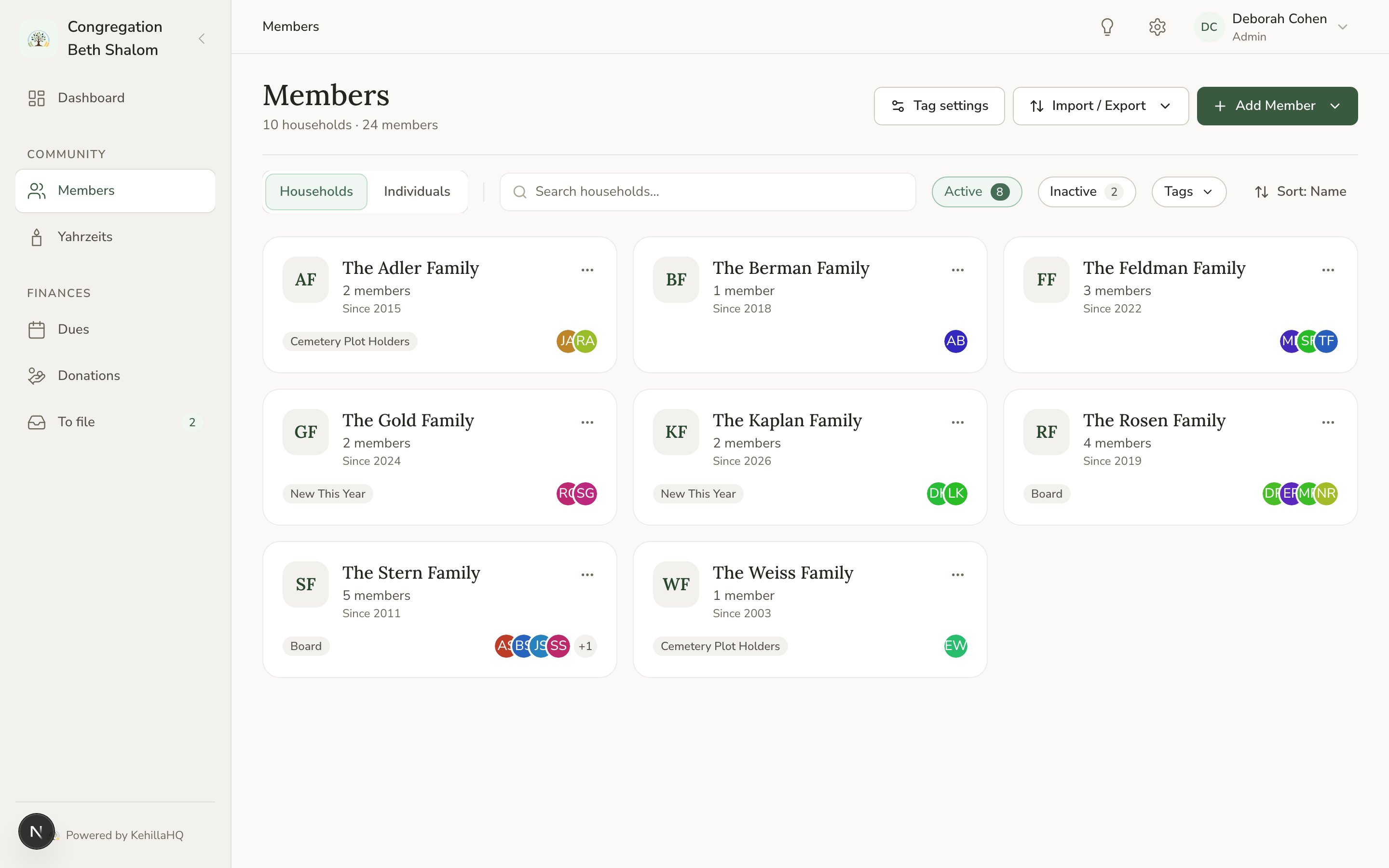 The Members page in household view, showing eight family cards with member counts and tags