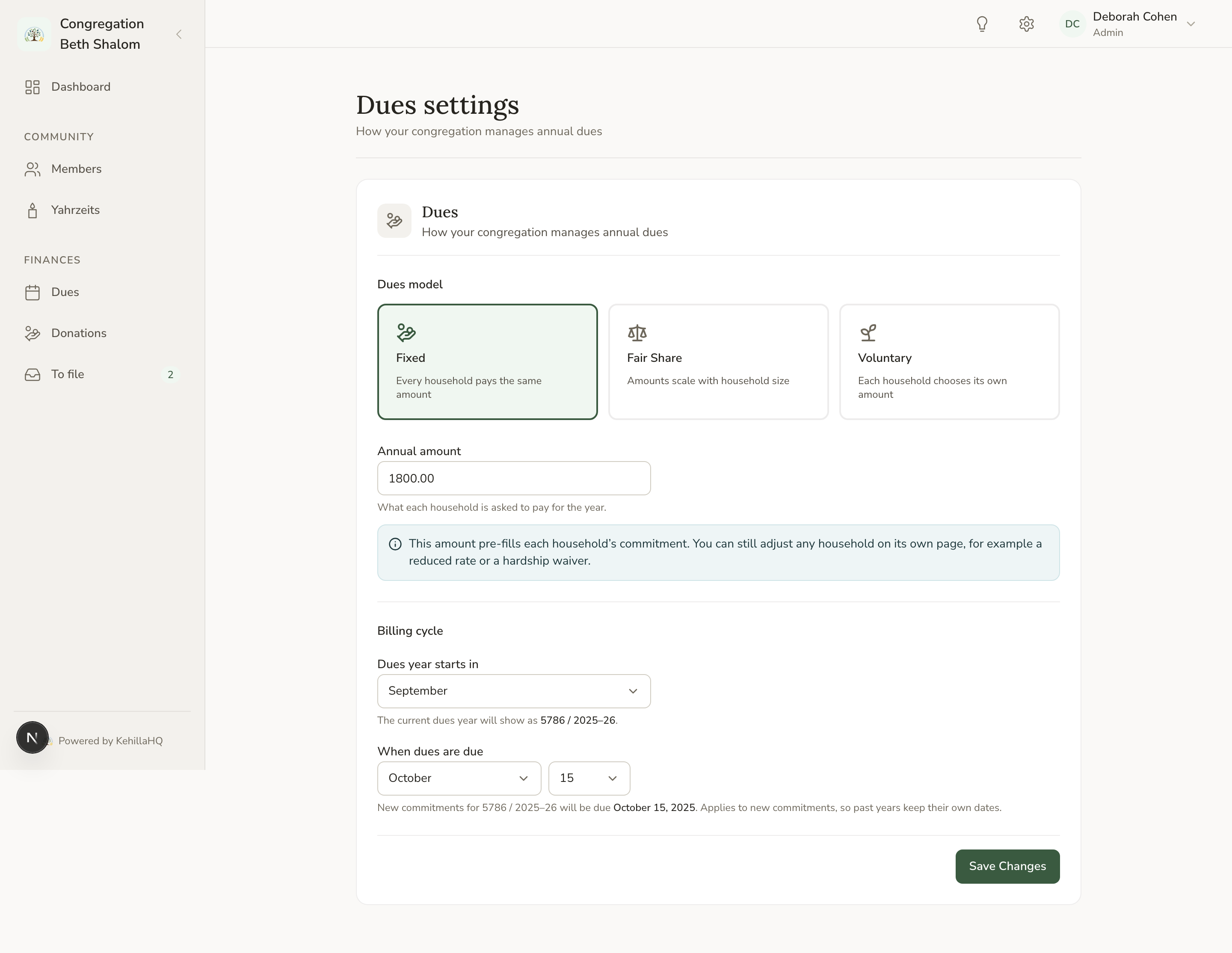 The Dues and billing settings page showing the dues model, amounts, and year start