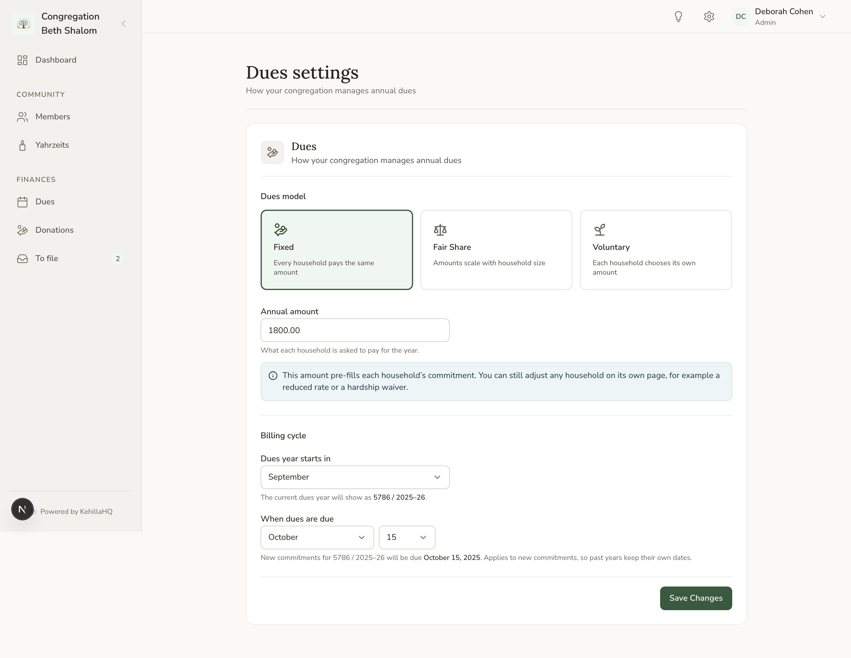The Dues and billing settings page showing the dues model, amounts, and year start