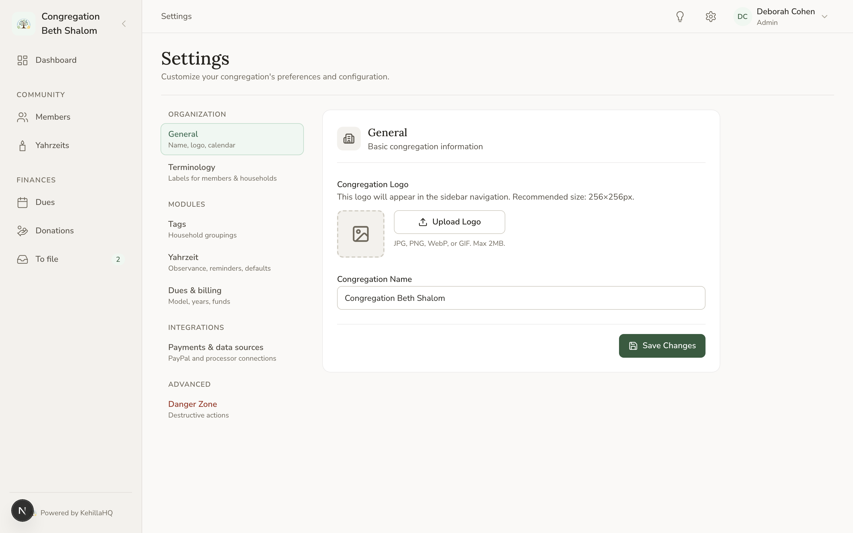 The General settings page with the settings categories listed on the left